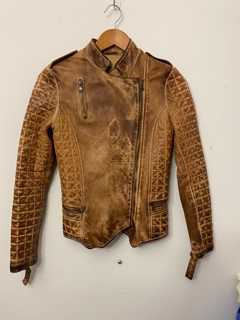 Distressed Brown Quilted Leather Biker Jacket